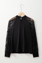 Black Keyhole Neck Floral Lace Raglan Blouse