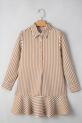 Brown Stripe Ruffled Hem Collared Long Sleeve Mini Dress