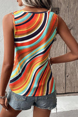 Multicolour Wavy Striped Buttoned U Neck Top